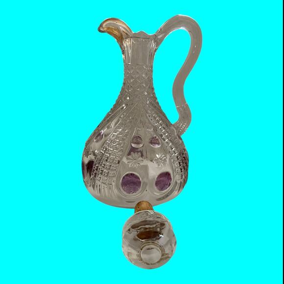 Vtg EAPG Glass Vinegar-Oil Cruet, Stopper Cranberry Flash Pitcher Dimple & Star - Picture 14 of 16